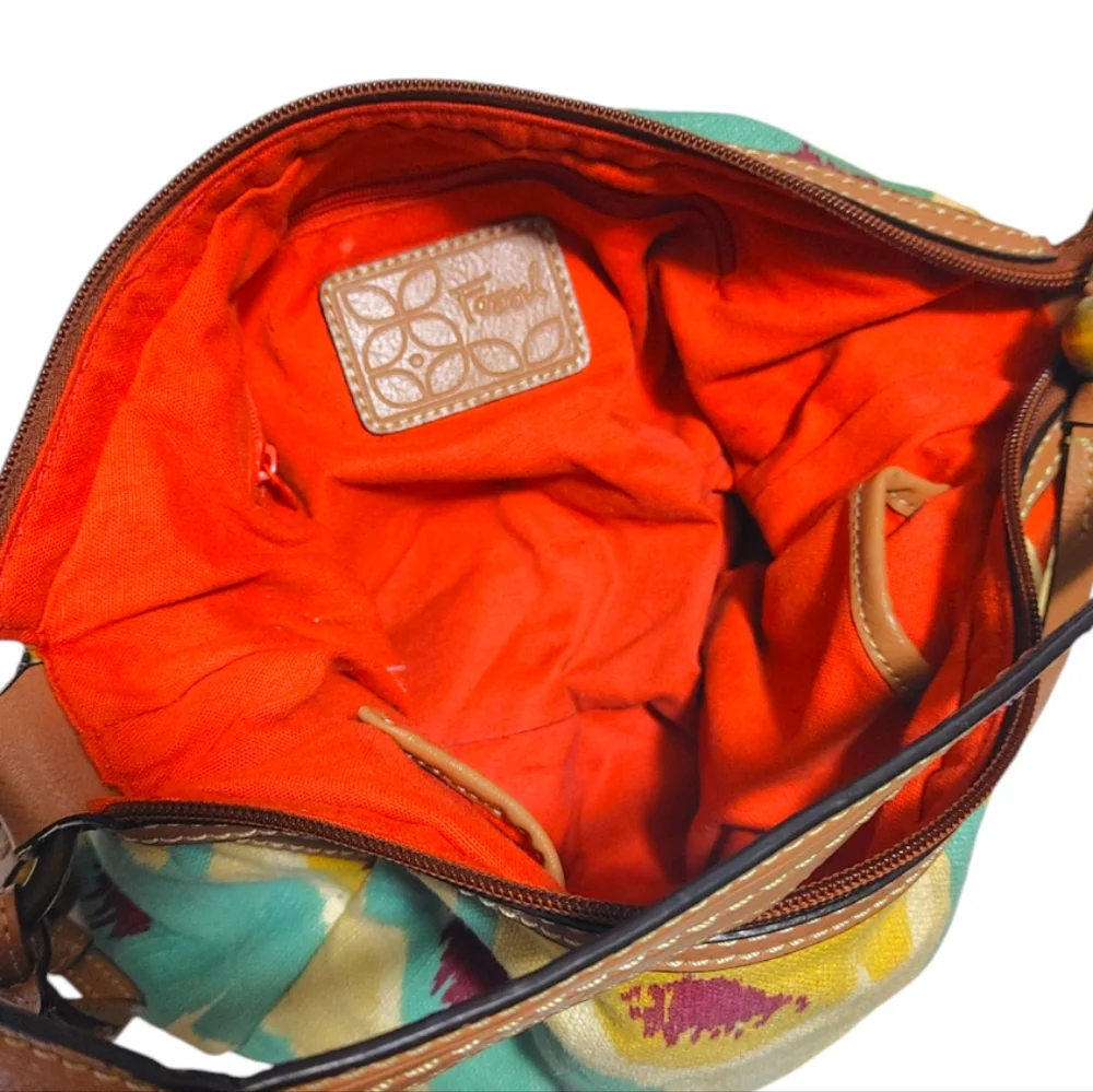 Fossil Colorful Floral Canvas Leather Boho Style Bag Handbag Purse Satchel